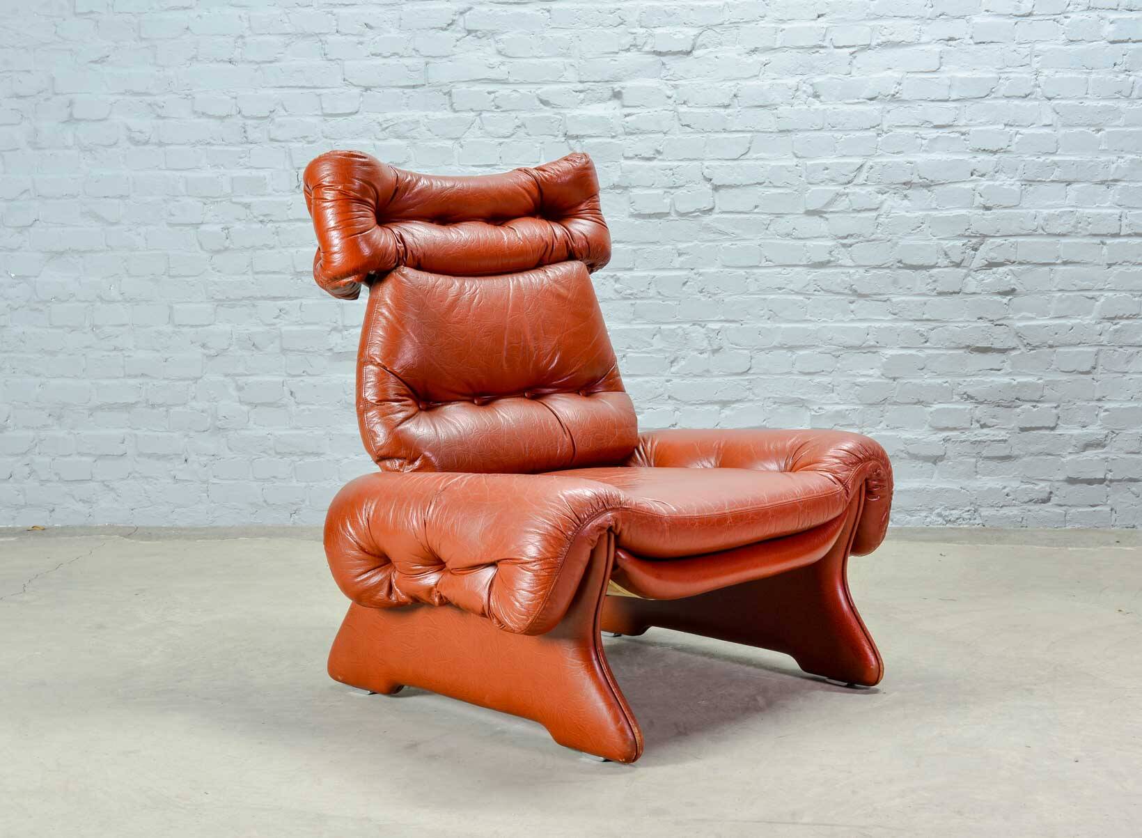 Brutalist Sculptured Brazilian Style Cognac Leather Lounge Chair, 1970s