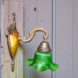 Green glass tulip brass wall sconce light