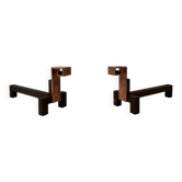 Brutalist Pair of Andirons in Copper and Wrought Iron with Geometric Torch Holders