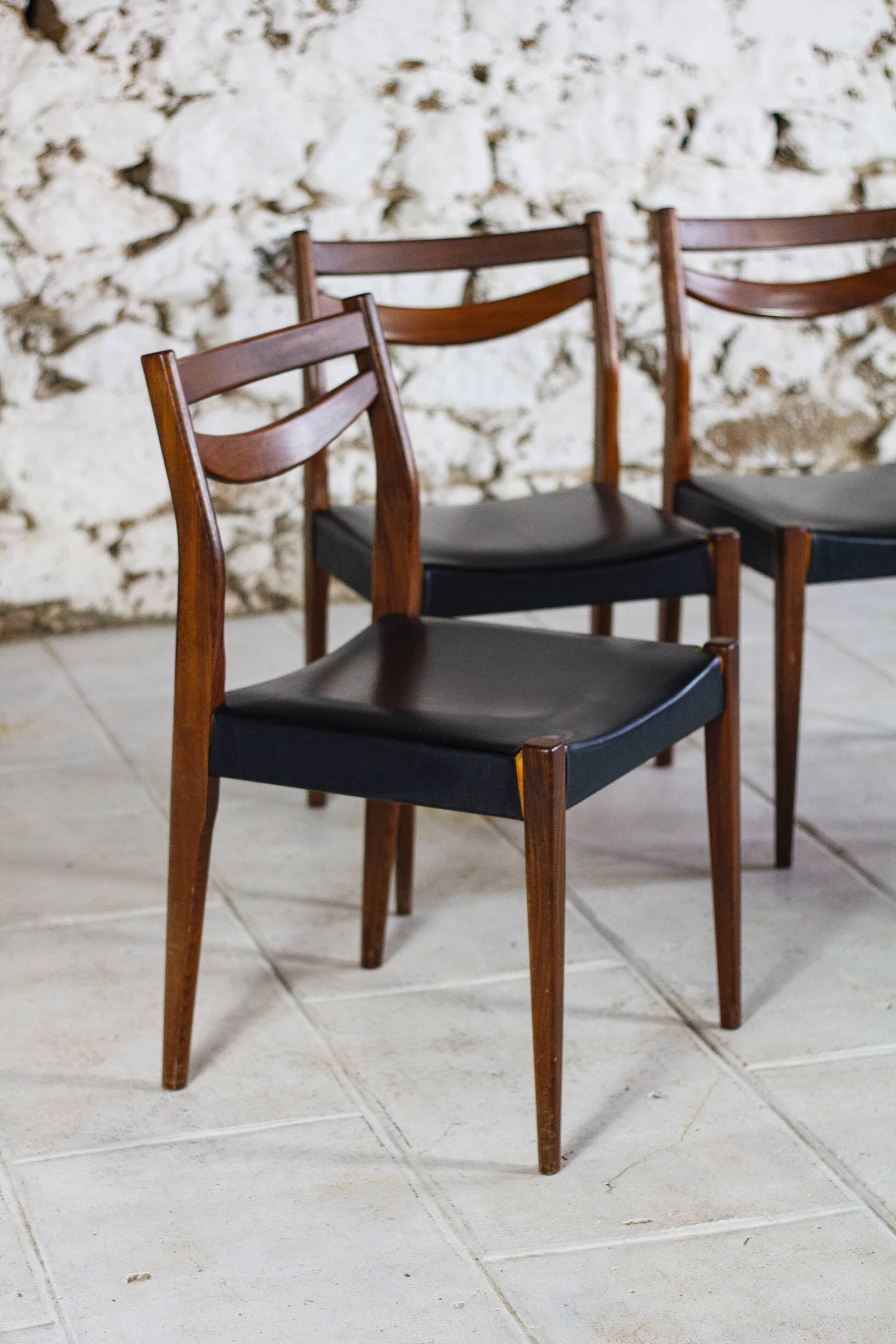 4 vintage Scandinavian chairs in teak and imitation leather, 1960