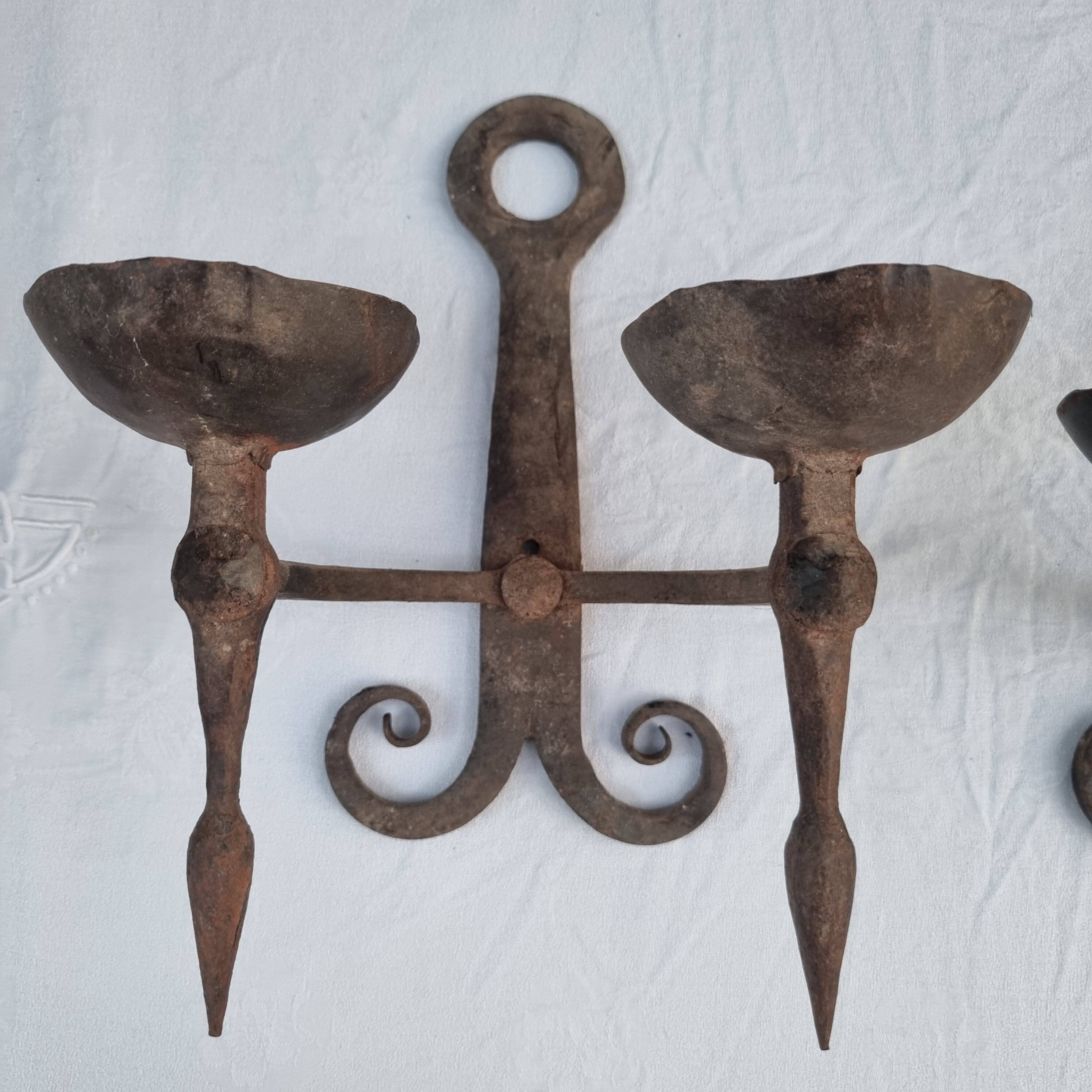 Pair of antique 15th century medieval castle wrought iron candlesticks