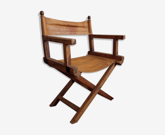 Fauteuil safari ancien bois et cuir