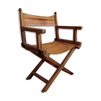 Fauteuil safari ancien bois et cuir