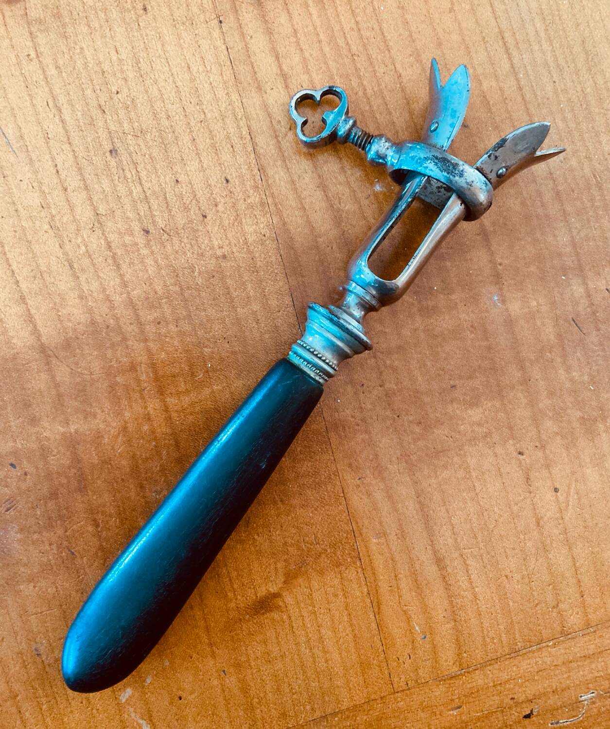 Napoleon III leg of lamb fork from the 19th century with a silver-plated handle and an ebony handle.