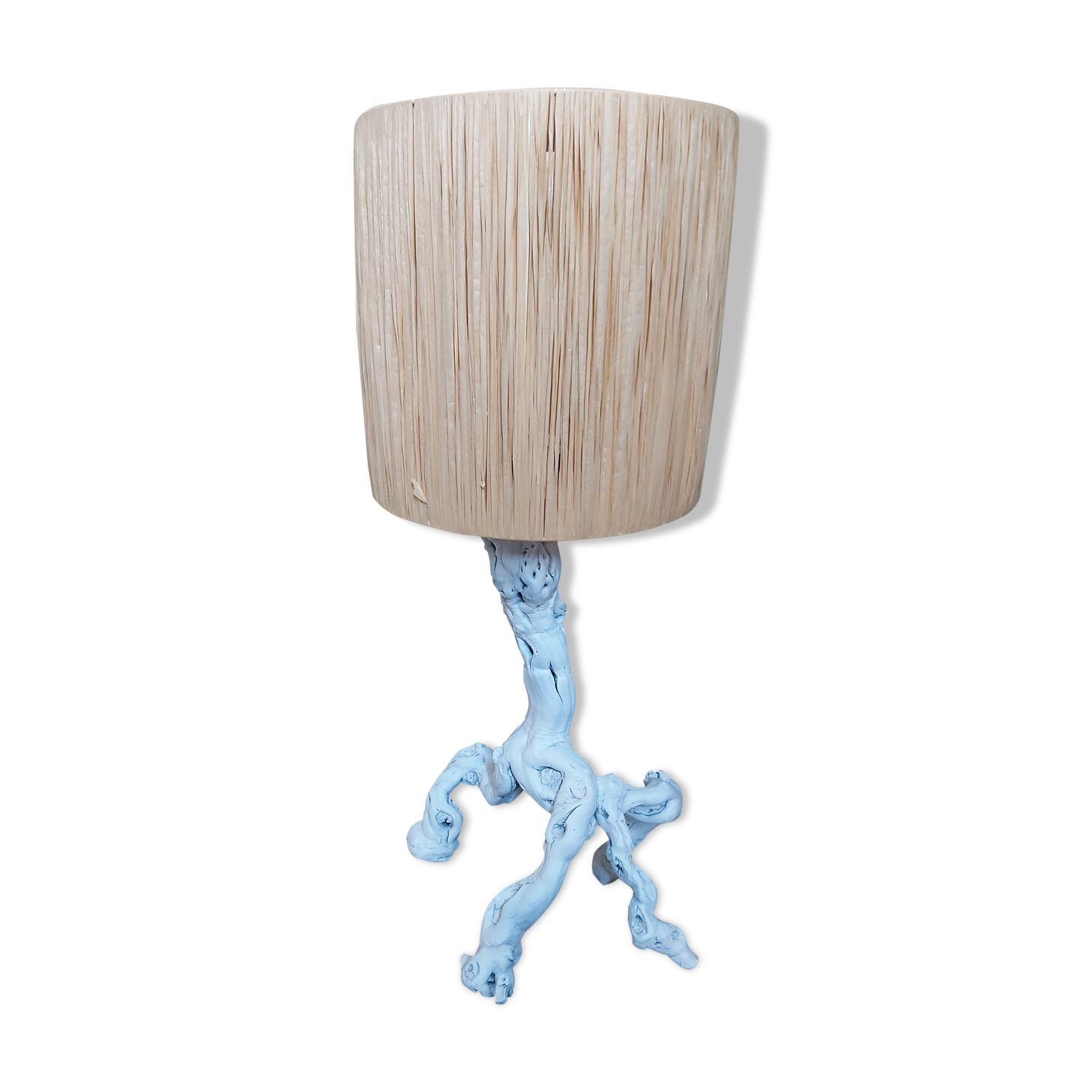 Wooden lamp and lampshade in vintage raffia