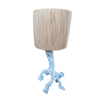 Lampe en bois et abat-jour en raphia vintage