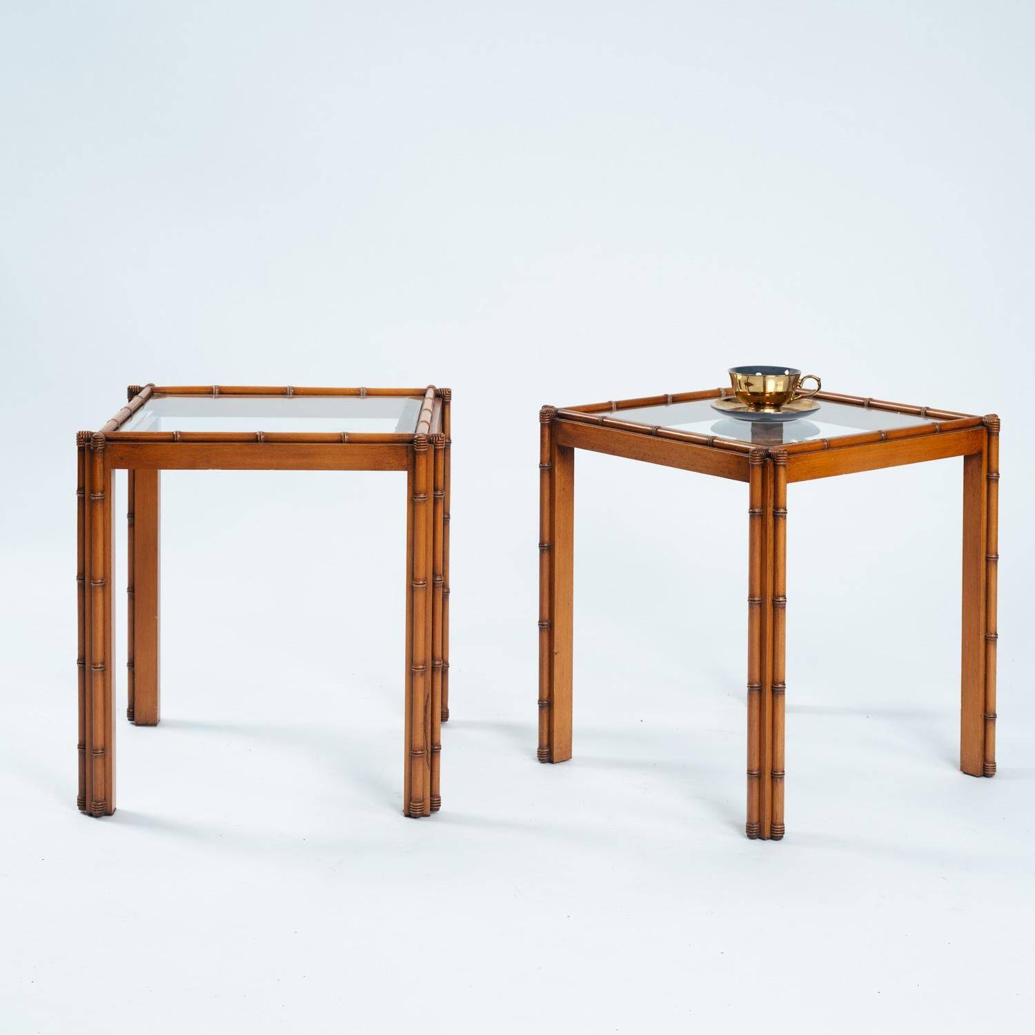 Art Deco Side Table in Carved Oak, Bamboo Style, Cut Glass, Set of 2