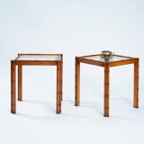 Art Deco Side Table in Carved Oak, Bamboo Style, Cut Glass, Set of 2