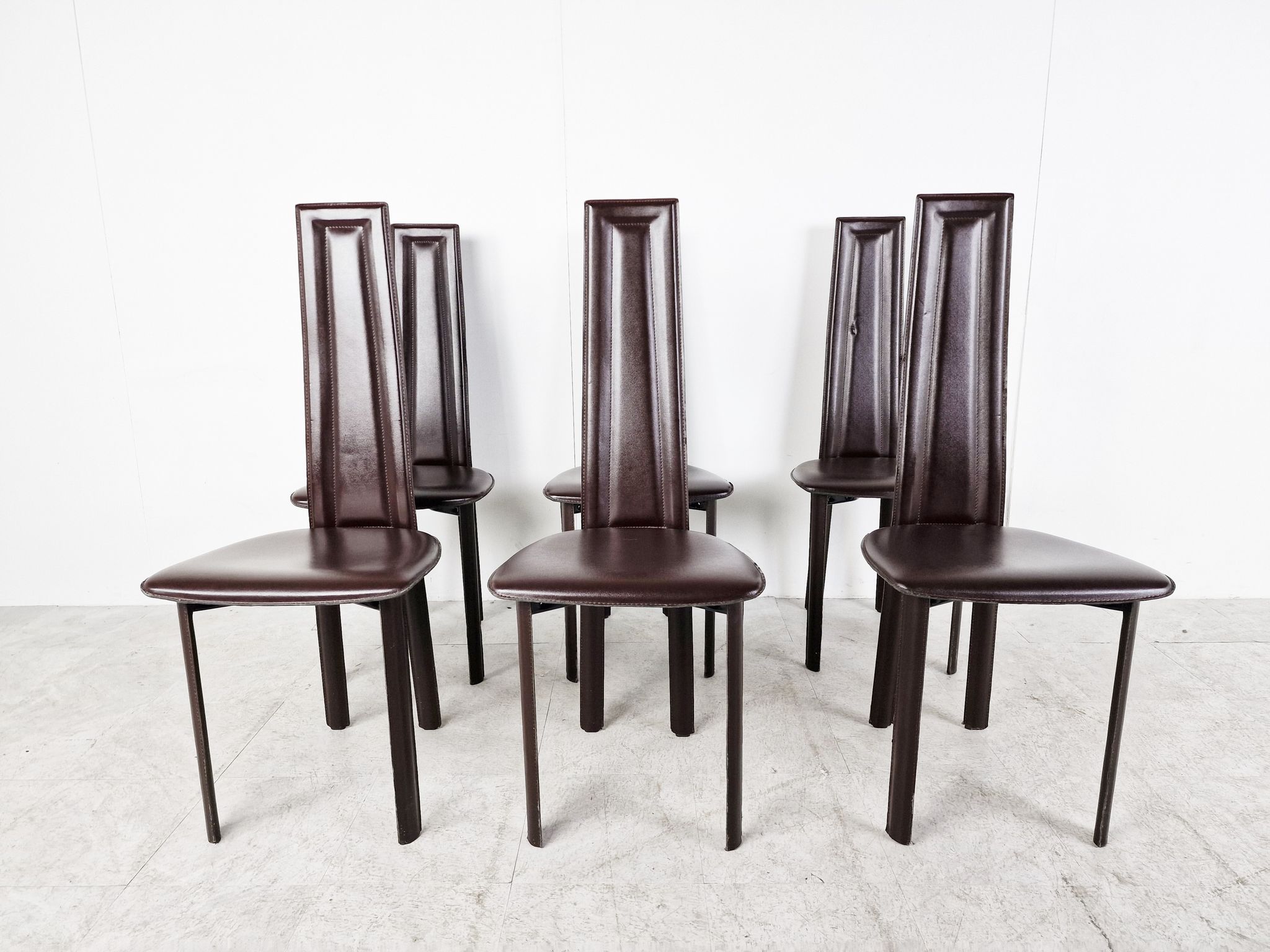 Vintage brown leather dining chairs, set of 6, 1980s