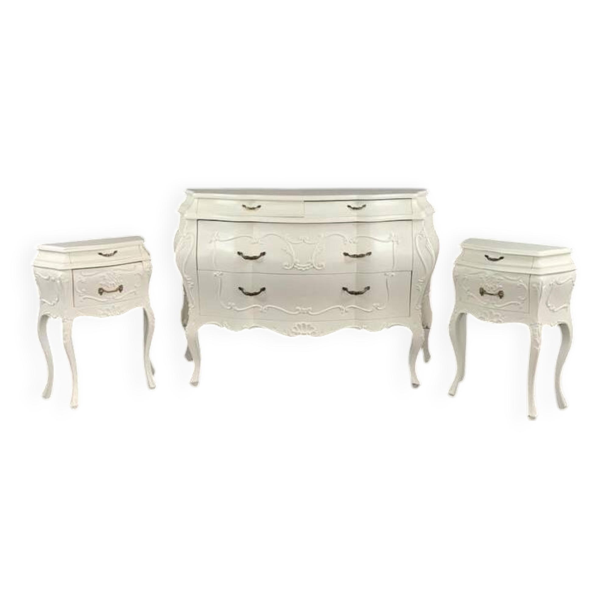 Louis XV Style Bedroom Set, Chest of Drawers and Two Bedside Tables, 20th Century