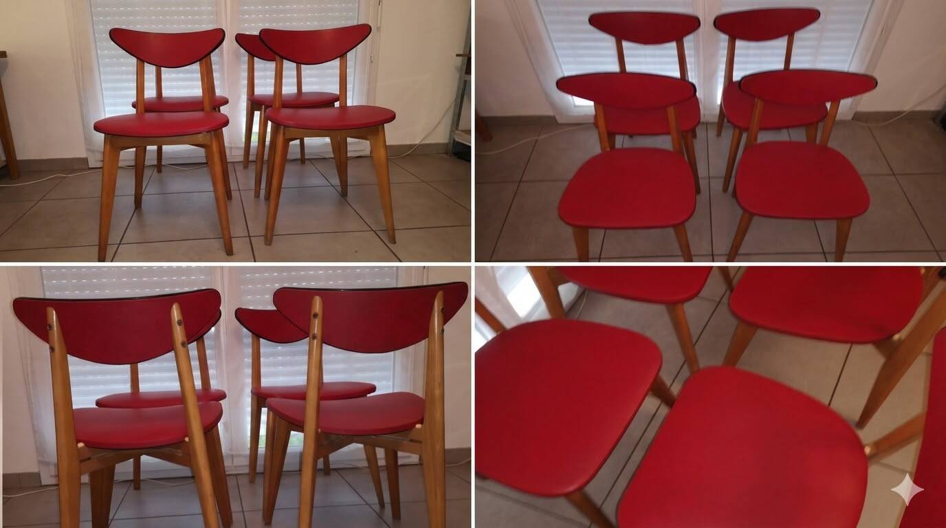 Set of 4 Vintage Chairs – 50s/60s Design – Red Faux Leather – Stackable