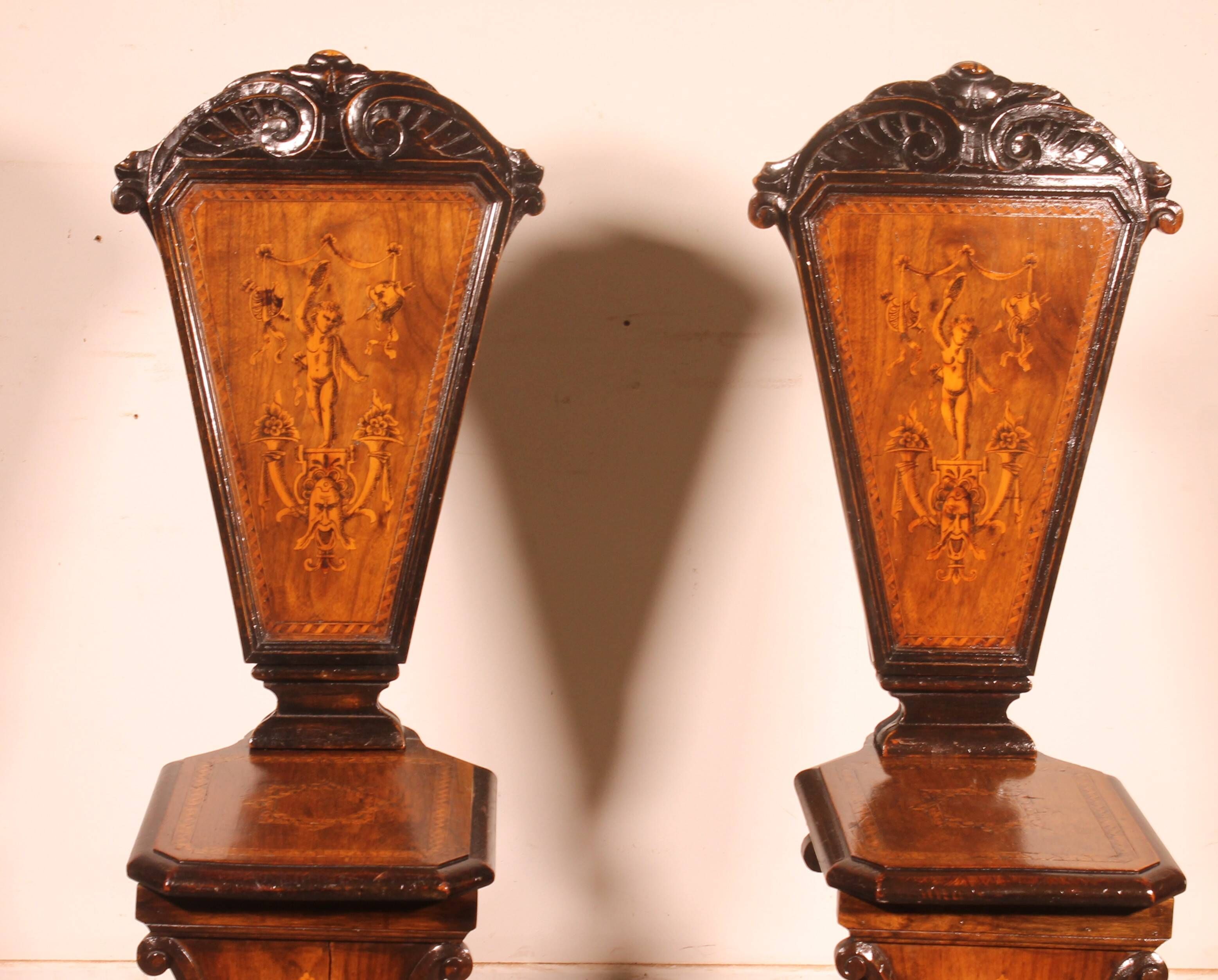 pair of stools in walnut and marquetry - 19th century