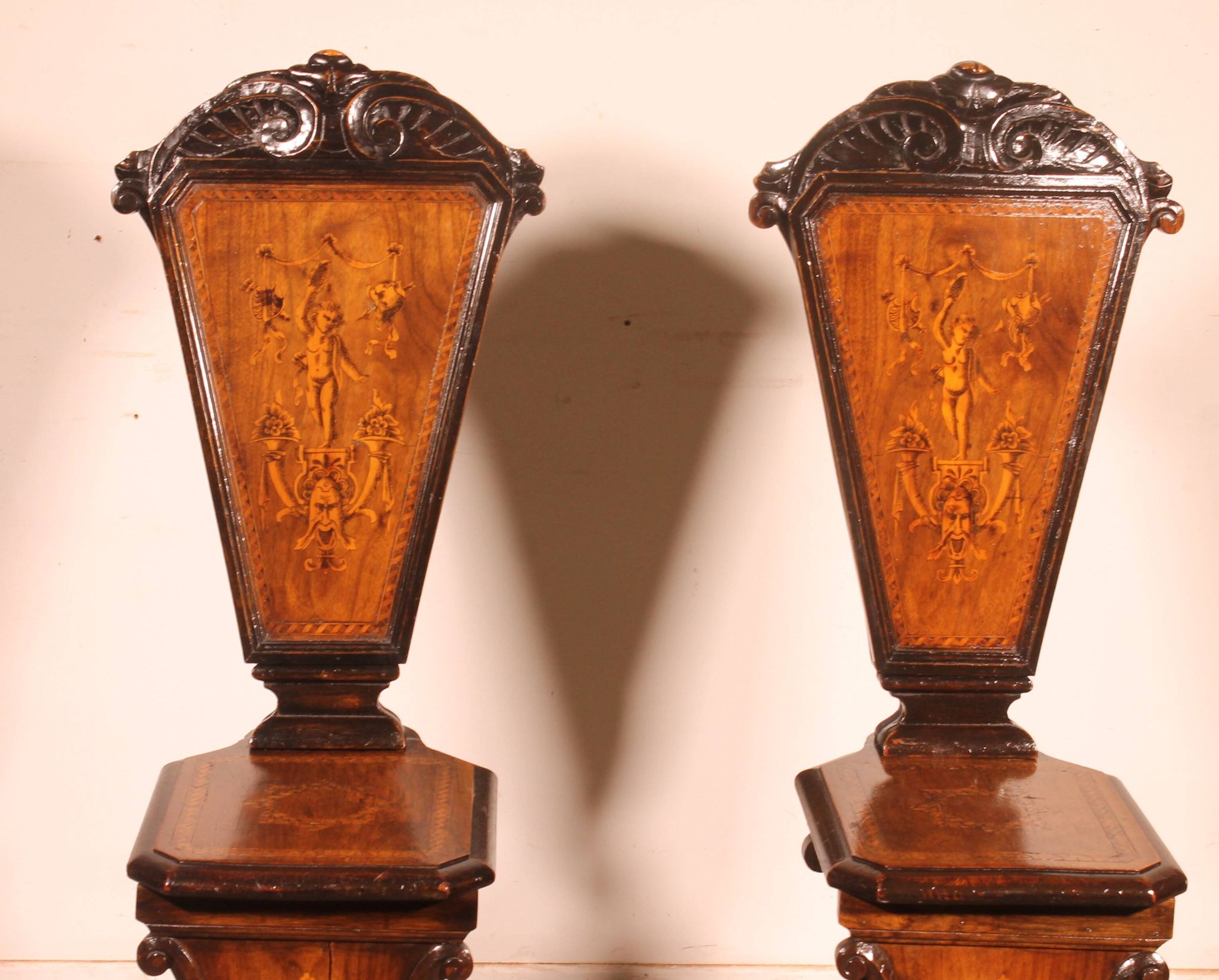 pair of stools in walnut and marquetry - 19th century