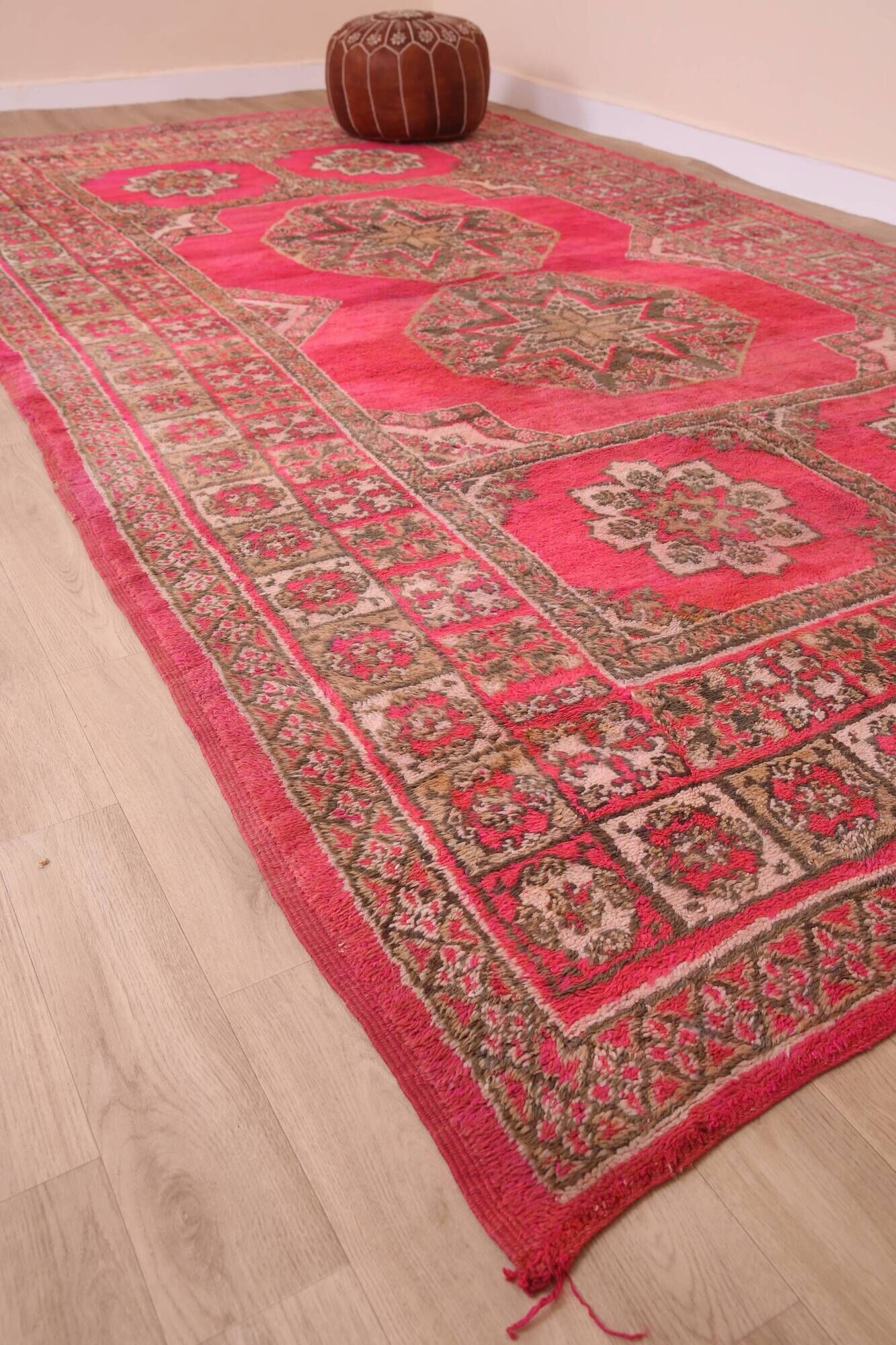 Pink Vintage Moroccan Rug 208 x 384 cm, Berber Wool Rug Handmade, Boho Rug