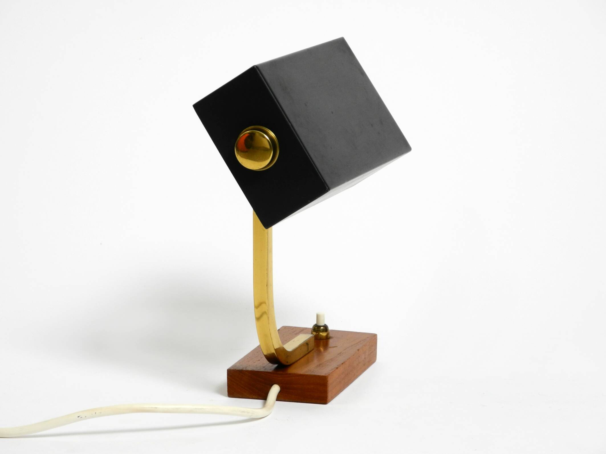 Beautiful small Mid Century Modern metal and brass table lamp with teak bas