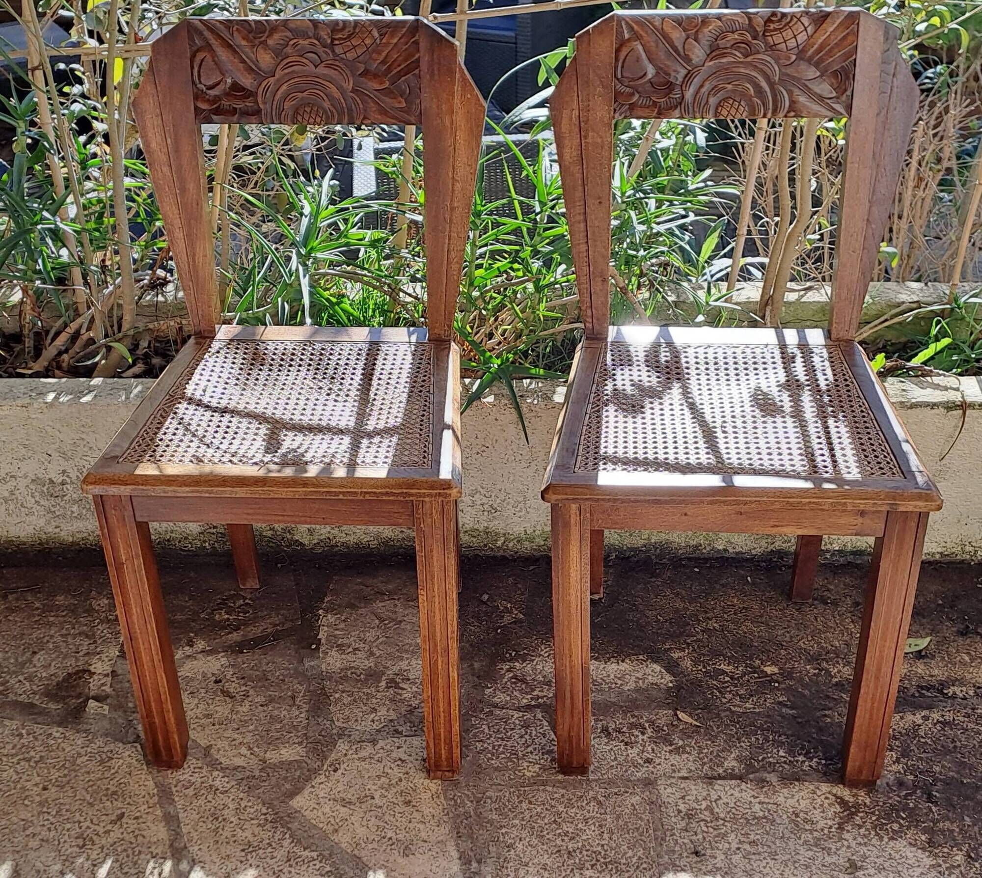 Art deco style chairs carved varnished wood honey brown color 1940