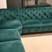 Emerald green velvet Chesterfield corner sofa, 6 seats