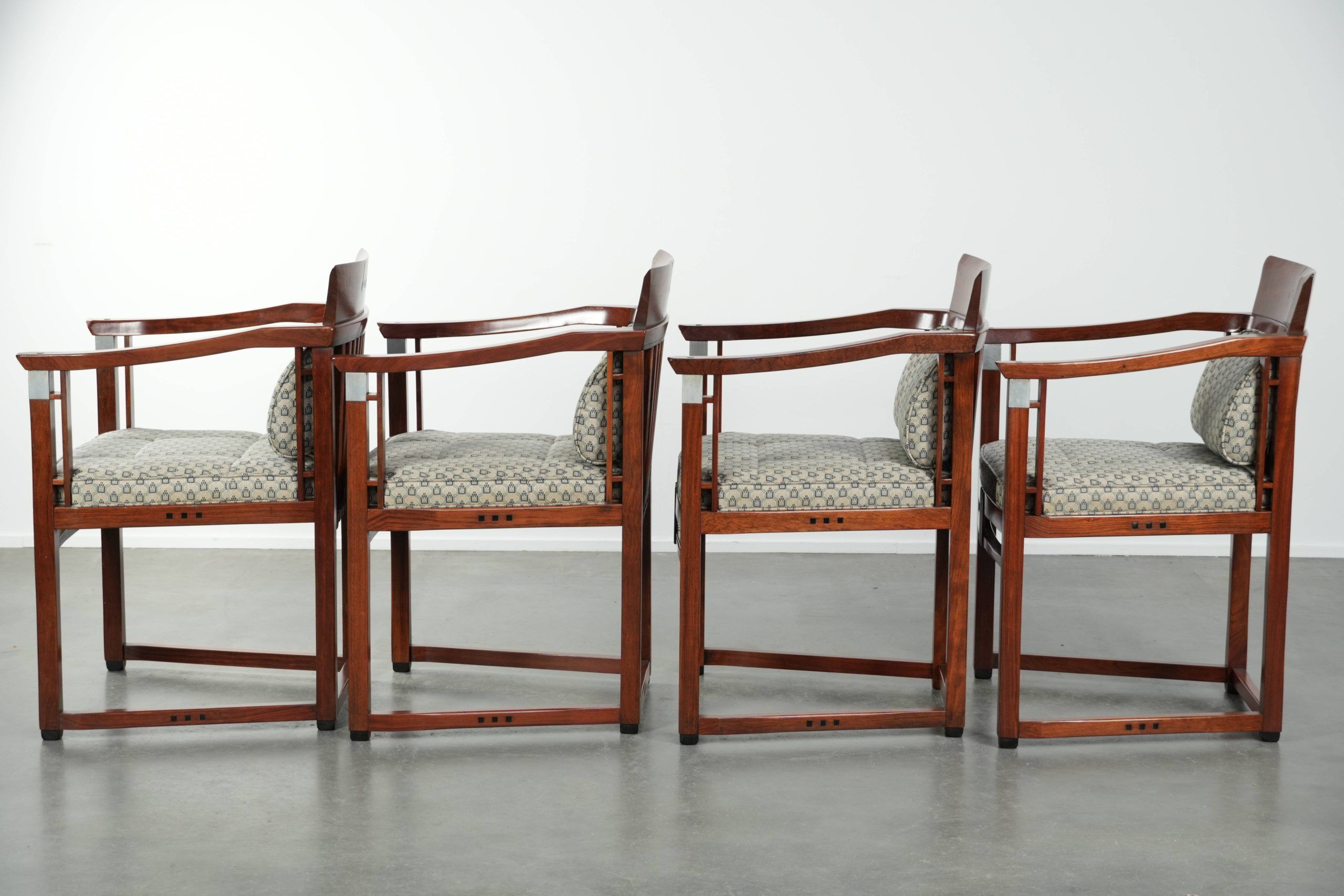 In very good condition Art Deco design dining chairs with fabric upholstery