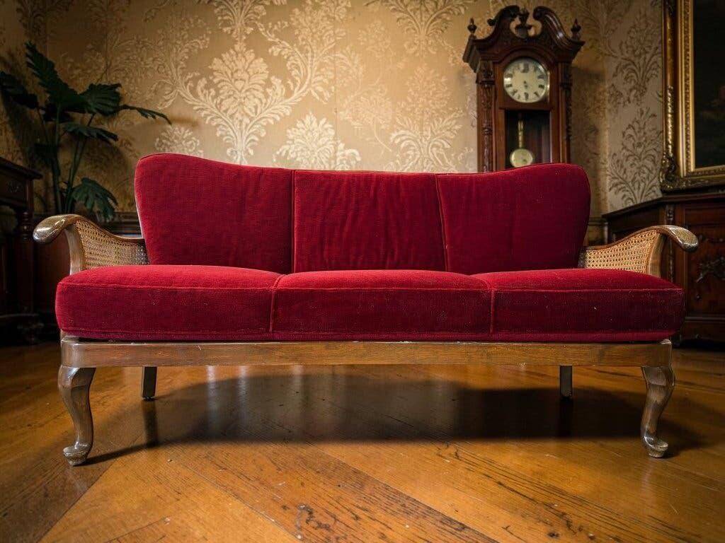 Vintage red wine baroque armchair/sofa/lounge with caning