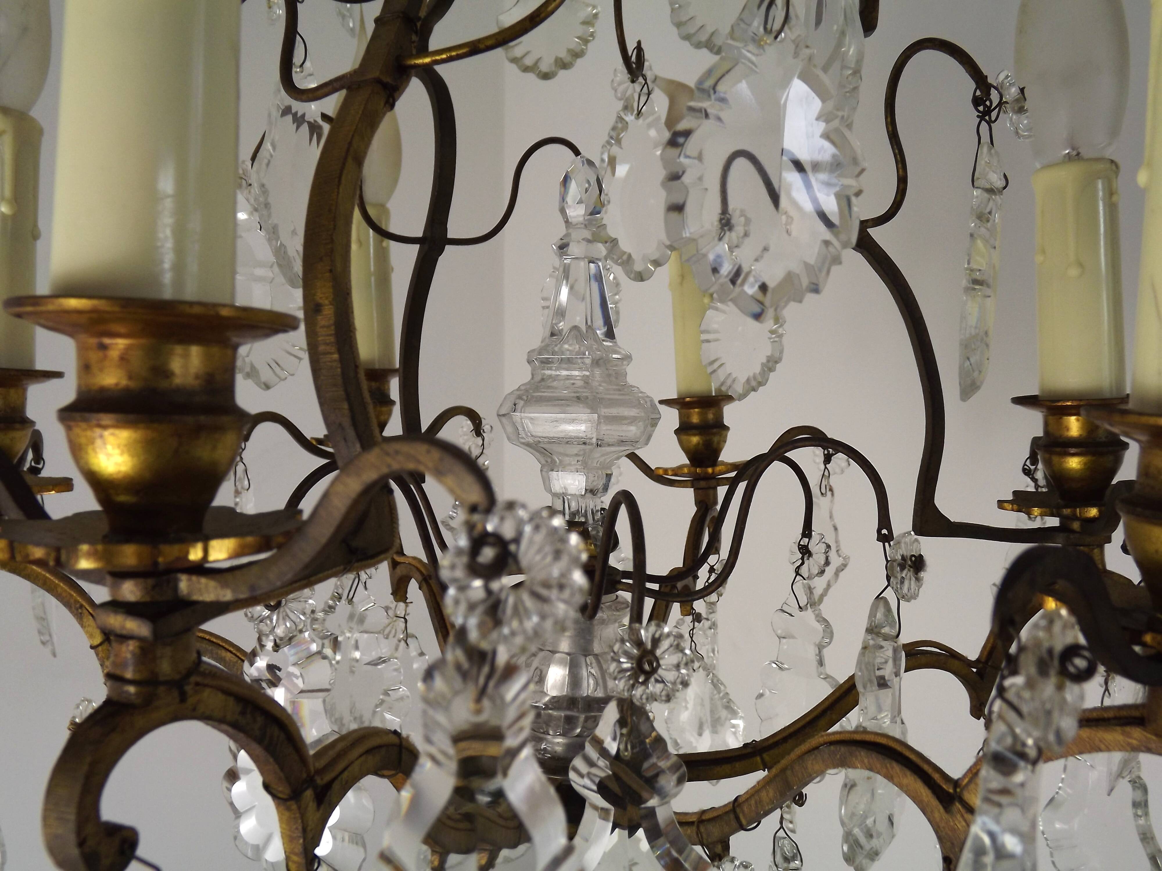 French Bronze and Glass 6 Light Cage Chandelier With Assorted Crystals 5518