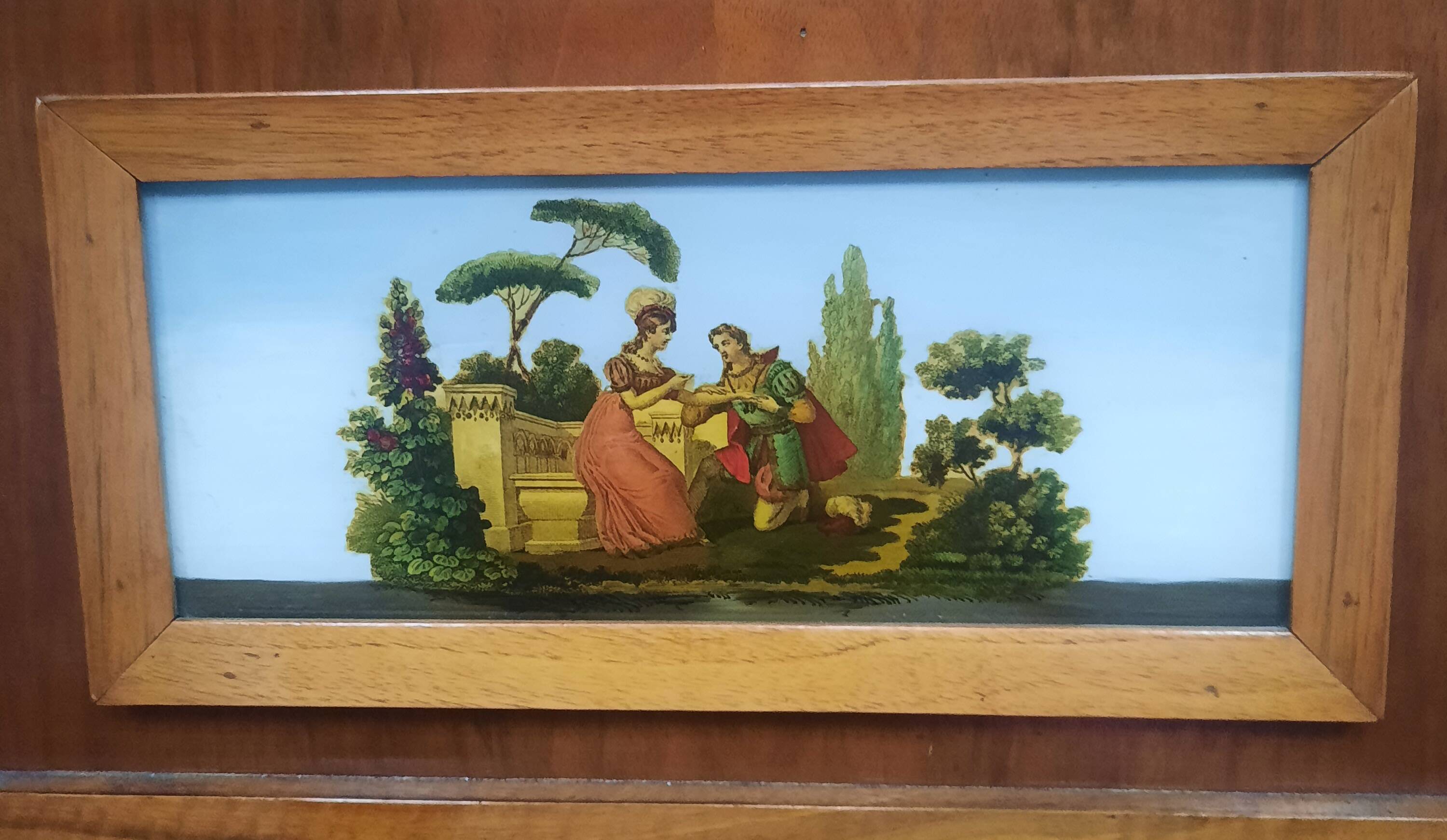 Small varnished wooden trumeau with a gallant scene motif