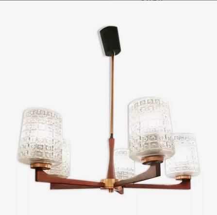 Scandinavian chandelier with 5 branches, teak and glass, 1950