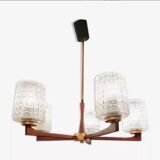 Lustre scandinave à 5 branches, teck et verre, 1950