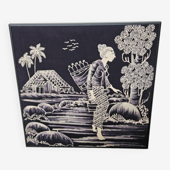 Batik noir et blanc Femme dans les rizières vintage