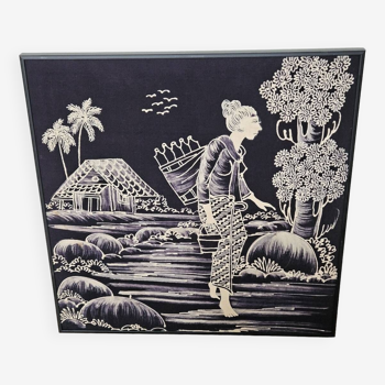 Black and white batik Woman in rice fields vintage
