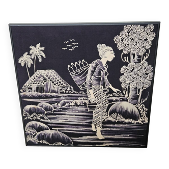 Batik noir et blanc Femme dans les rizières vintage