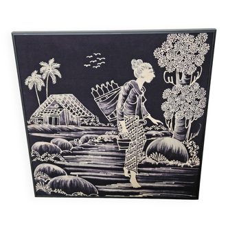 Black and white batik Woman in rice fields vintage