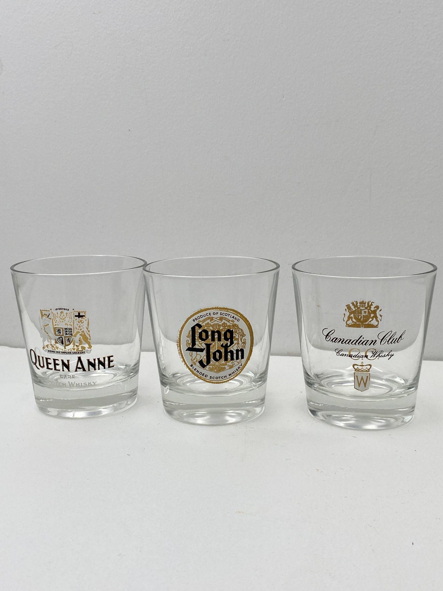 3 Vintage Canadian Club Whiskey Glasses, Long John and Queen Anne