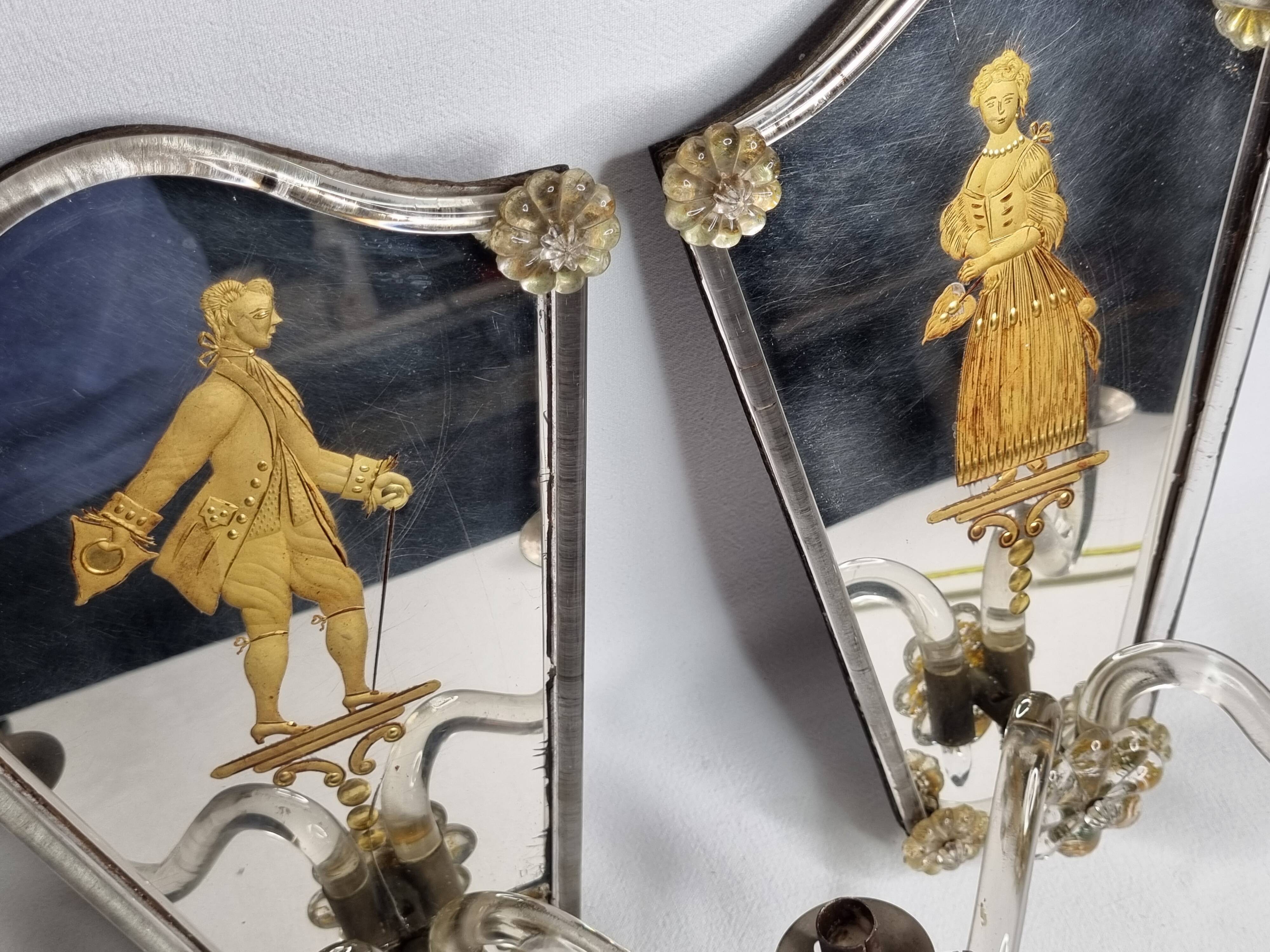 Pair of antique Murano wall lights with gilded engraved mirror, Italy, 19th century