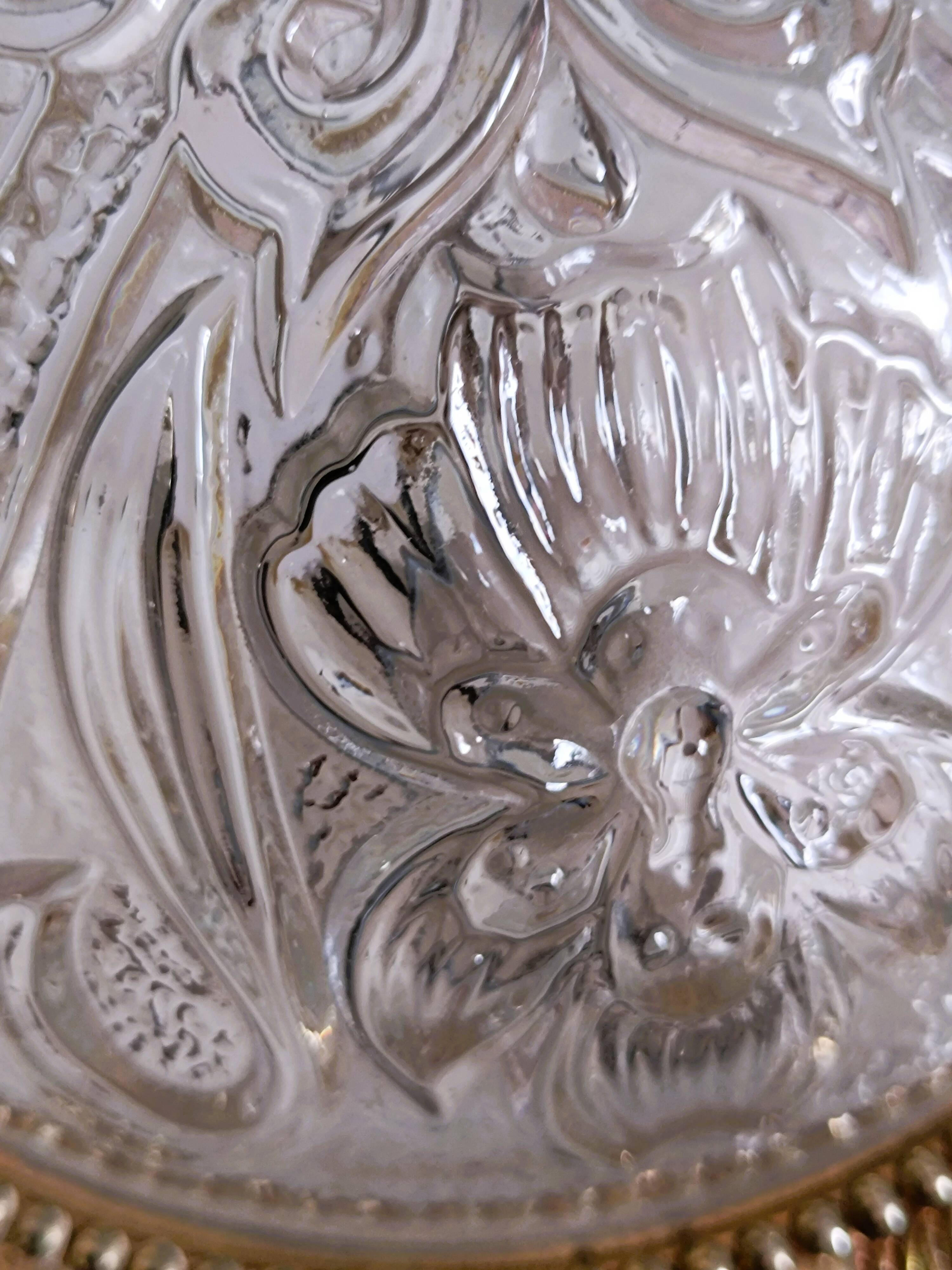 1960s molded glass ceiling light with brass crown