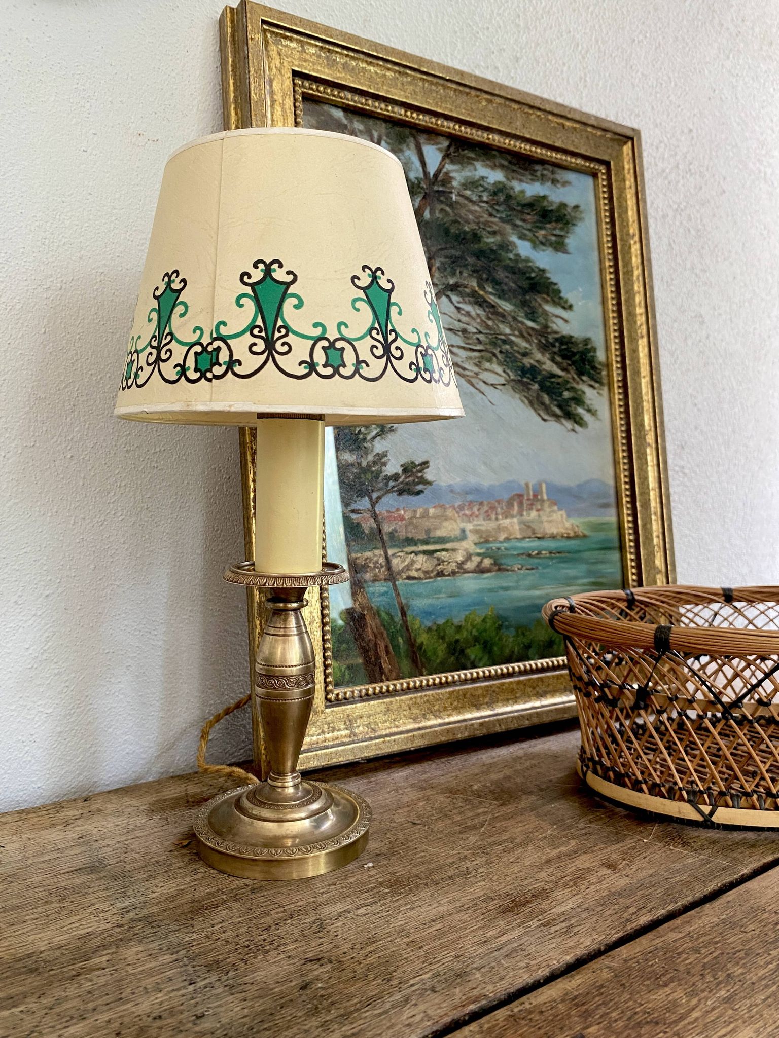 Pair of brass lamps, new 2M fabric cables, paper lampshades
