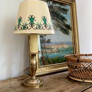 Pair of brass lamps, new 2M fabric cables, paper lampshades