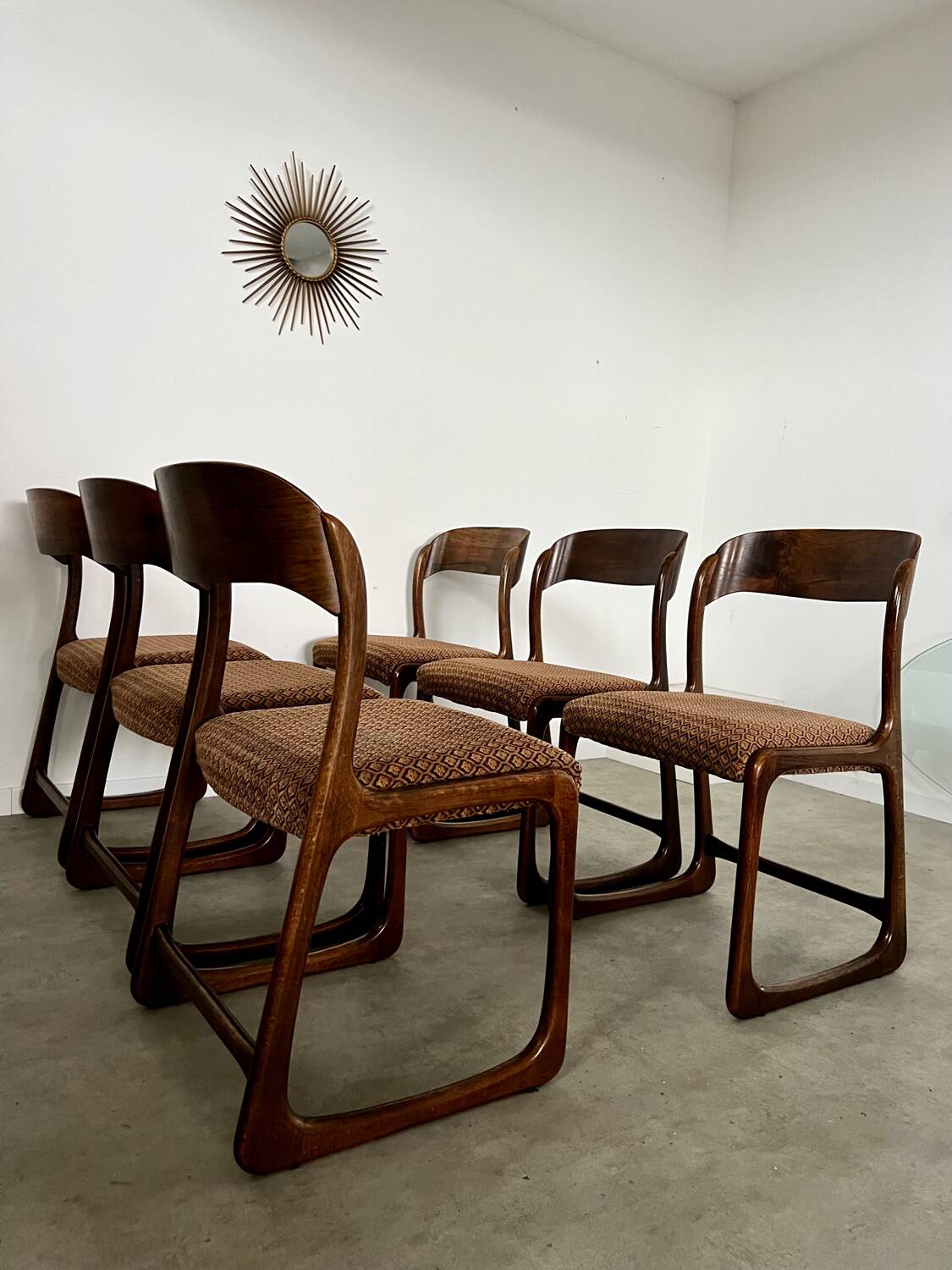 Set of 6 old baumann design sled chairs from the 60s wood and fabric