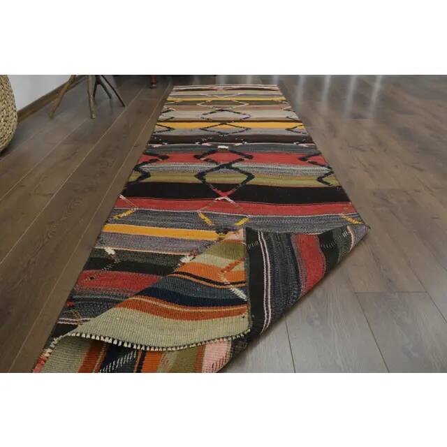 1970s Vintage Turkish Oushak Handmade  Colorful Runner Rug 84x275