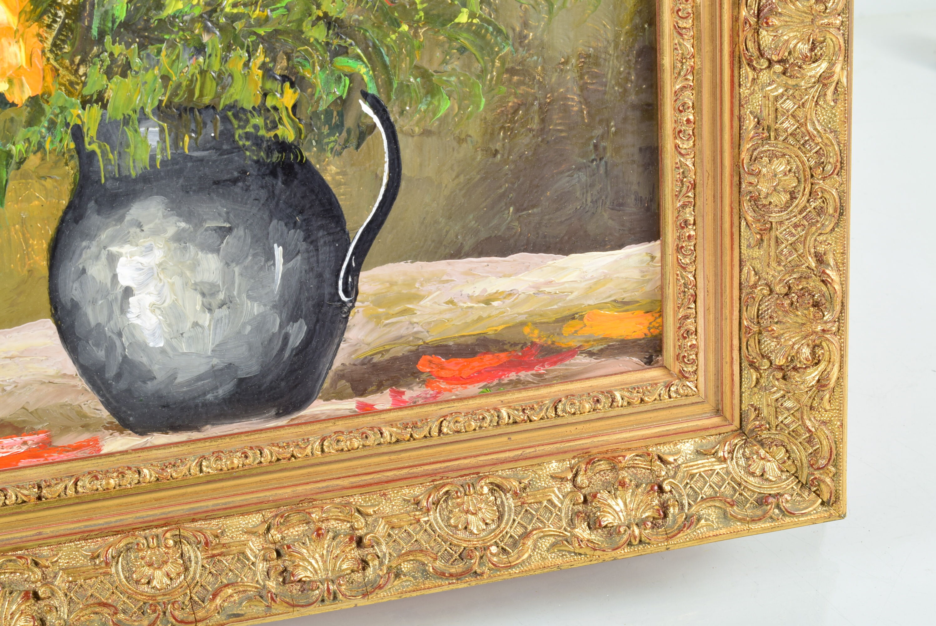 Painting, bouquet of flowers, oil on canvas, old gilded stucco frame