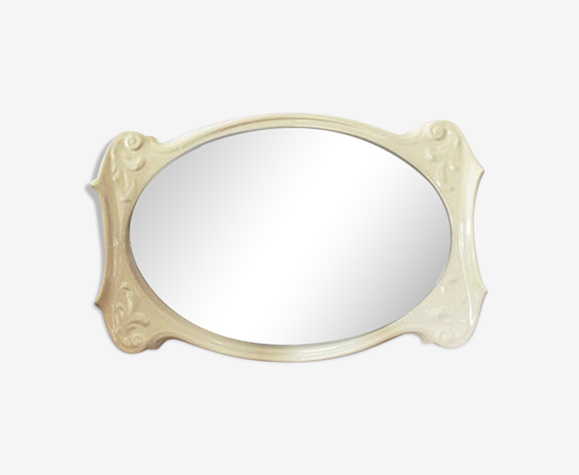 Miroir ancien en porcelaine blanche biseauté 81 x 54