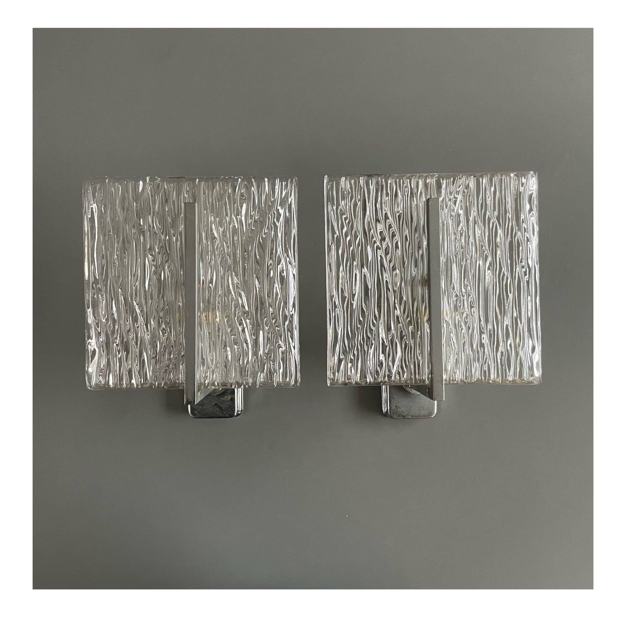 Set of vintage wall lights, ‘ice’ glass and metal, 1970s