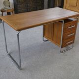 Bauhaus design desk in chrome tube and solid oak by Kovona 1960s