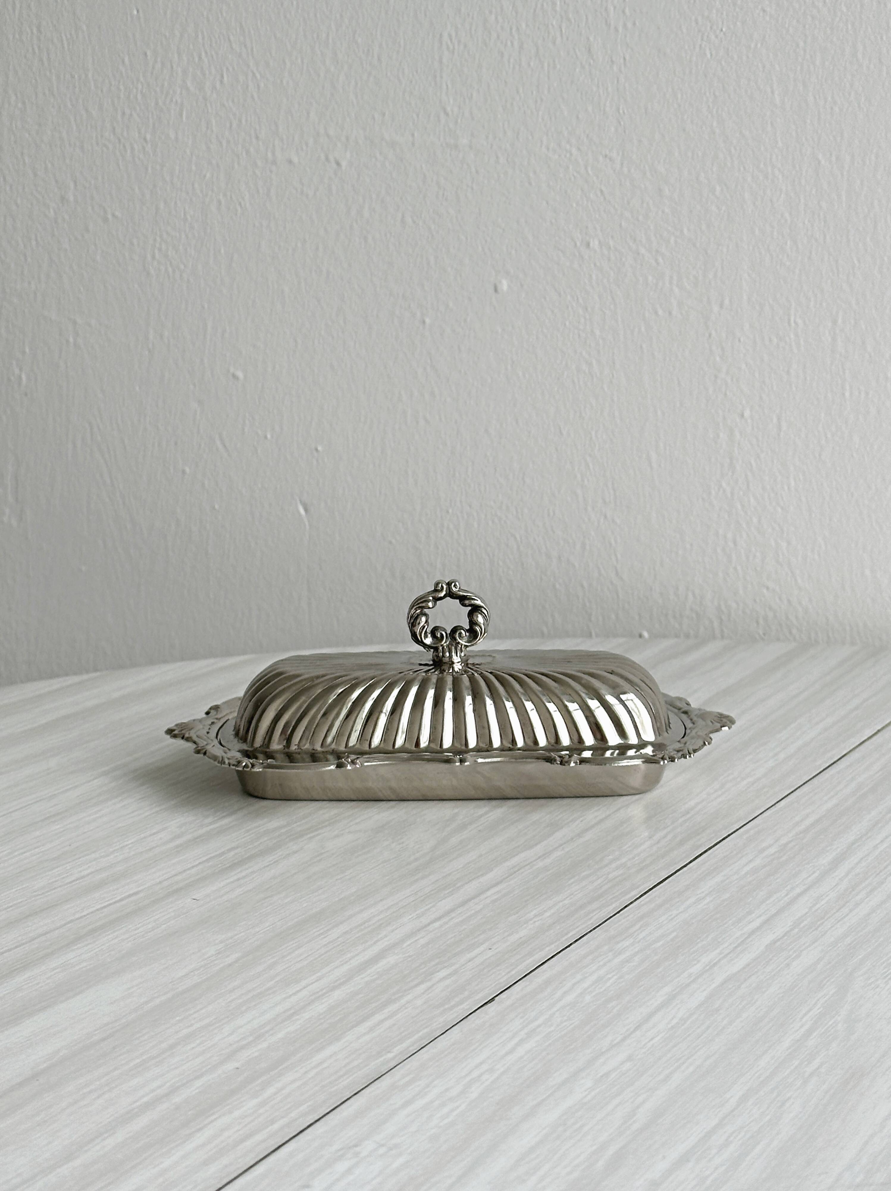 Shiny stainless steel butter dish with lid