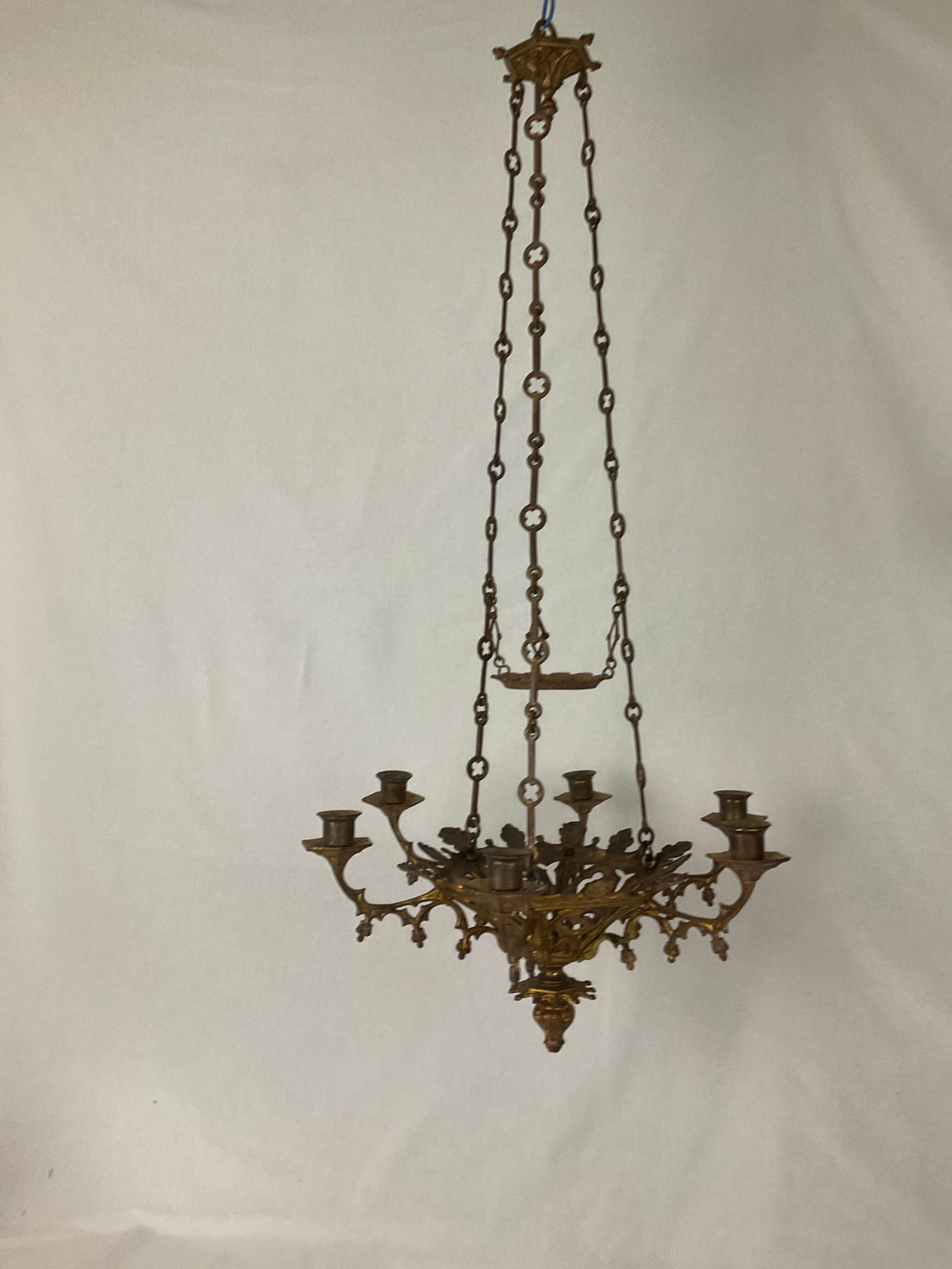 Neo Gothic church chandelier in gilded bronze with 6 burners 19 th