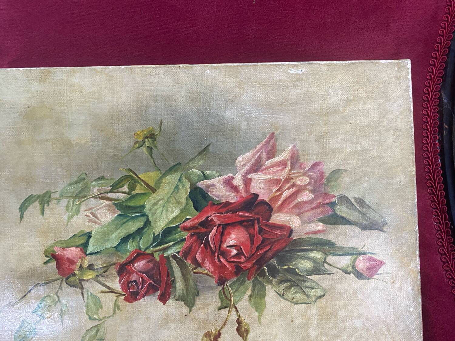 Oil on canvas signed "armful of roses" old