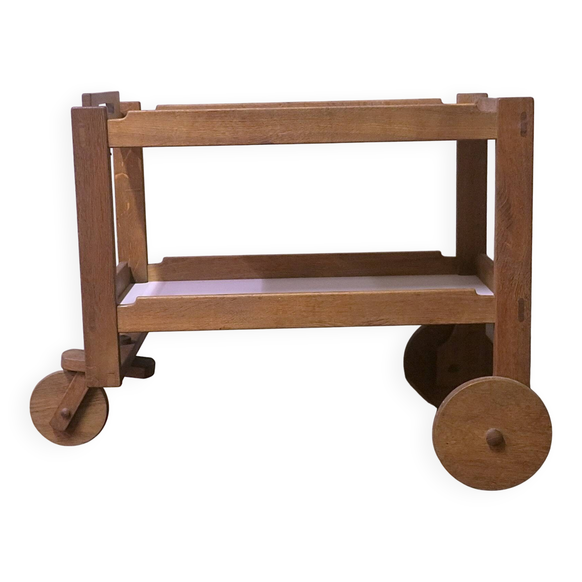 Brutalist bar cart or serving trolley in solid oak, Sweden 1950s