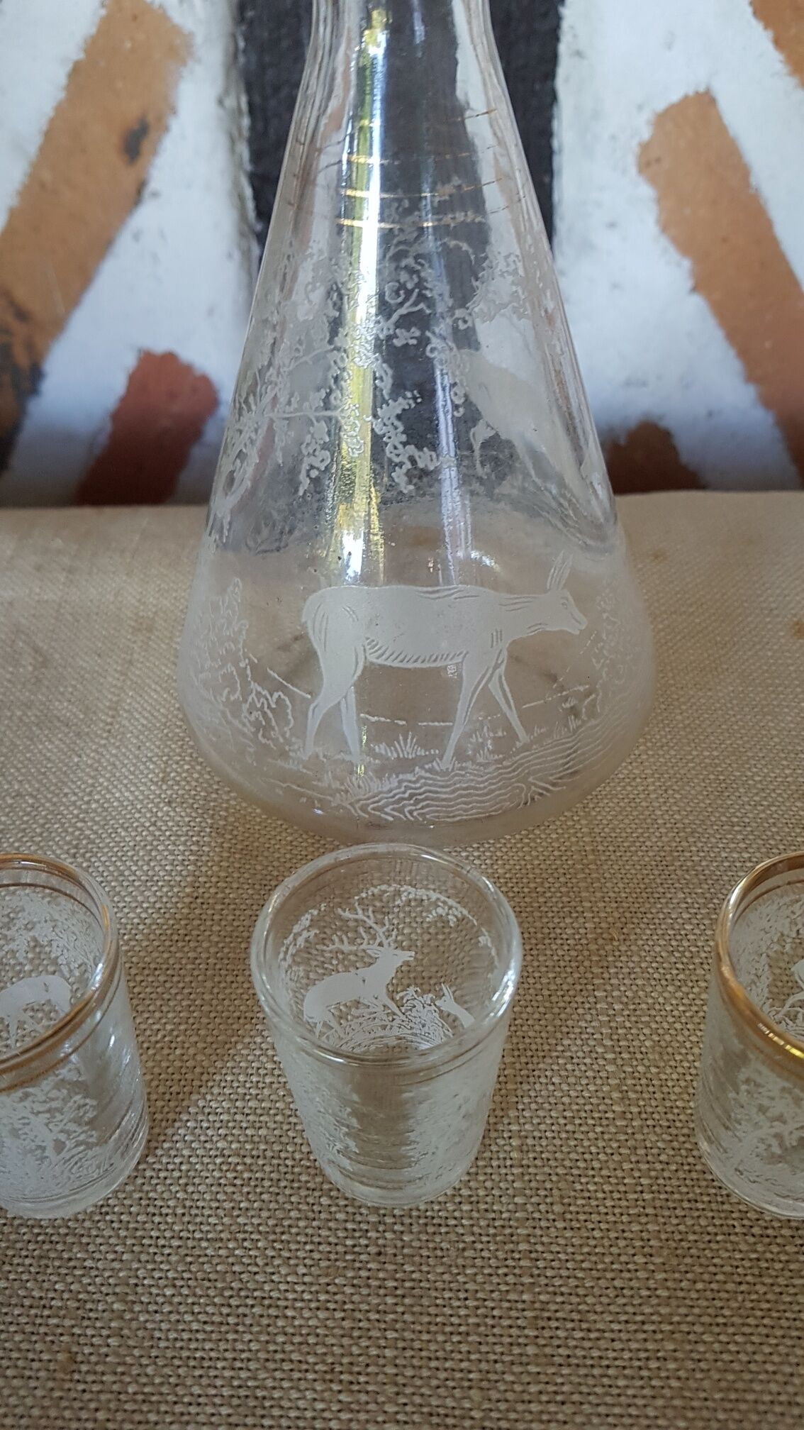 Carafe and 3 shot glasses sandblasted glass