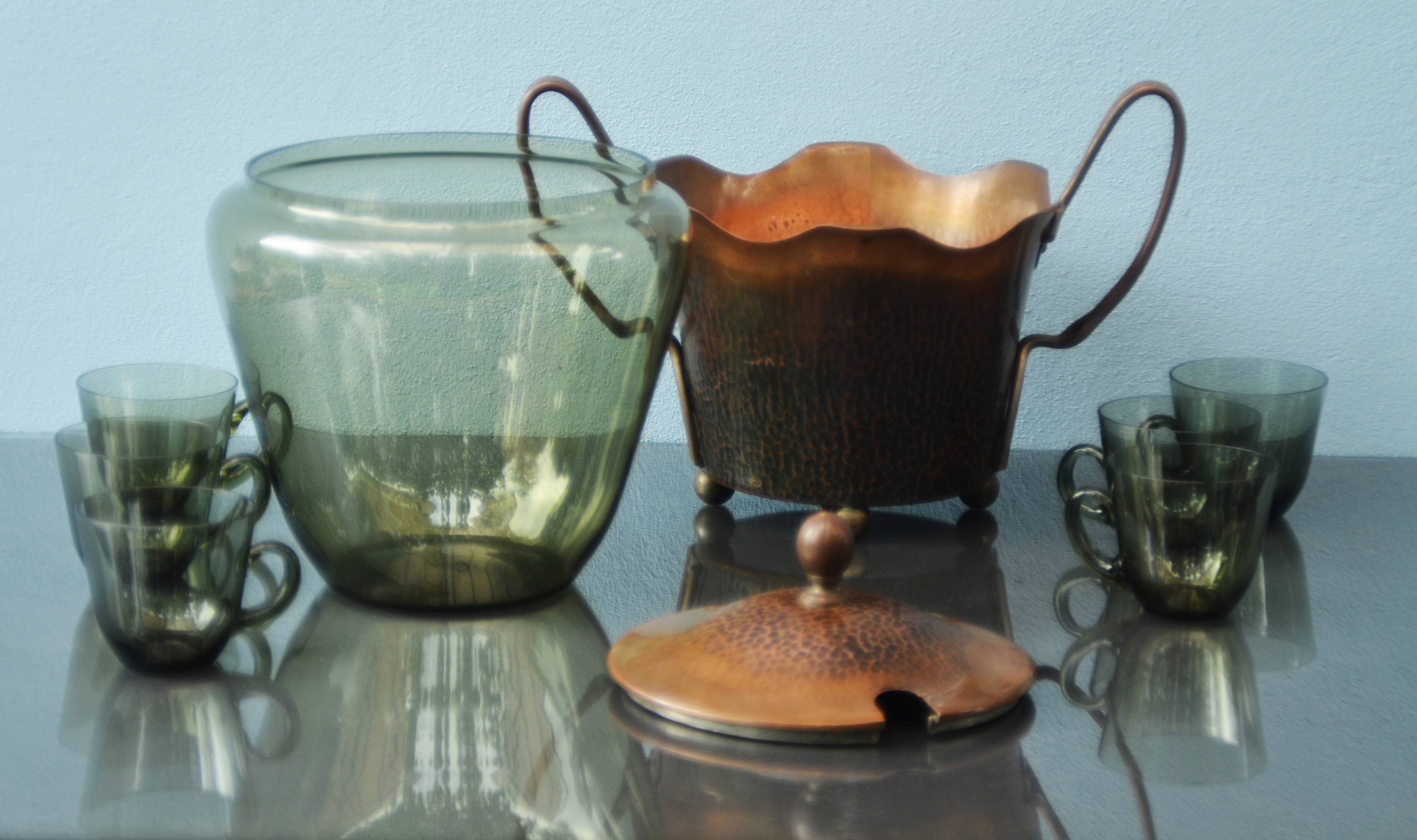 Art Nouveau Smoked Glass Punch Bowl Copper Crafted by Carl Deffner
