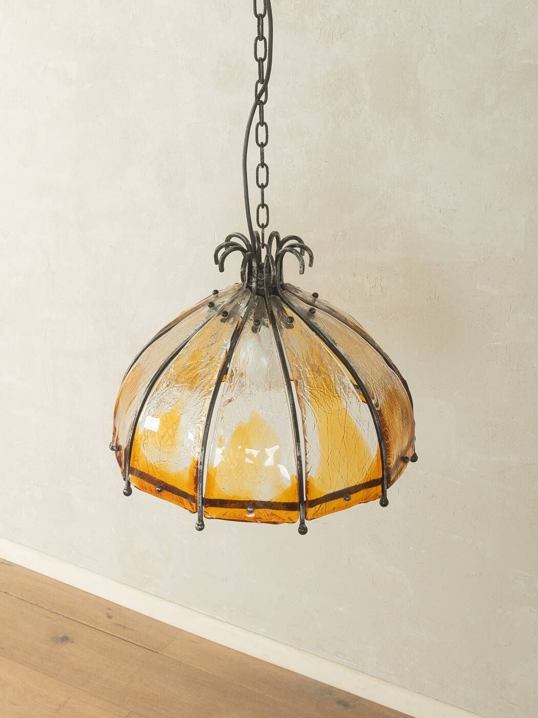 Brutalist ceiling lamp from the 1970s with orange glass shade