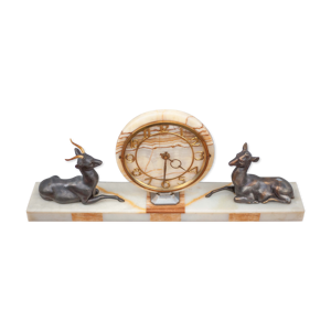 Pendule art déco, pendule avec biches en métal, socle en marbre et onyx, horloge art déco, cheminée
